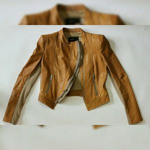 BCBG MAXAZRIA Beige 100% Leather Motorcycle Jacket